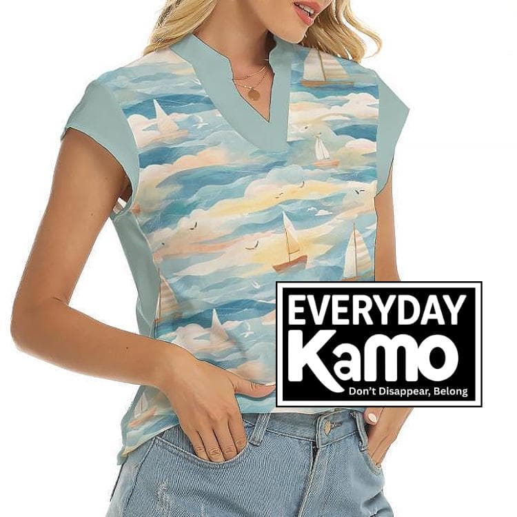 Nautical Sailboat Print V-Neck Top | Women's Stretch Blouse