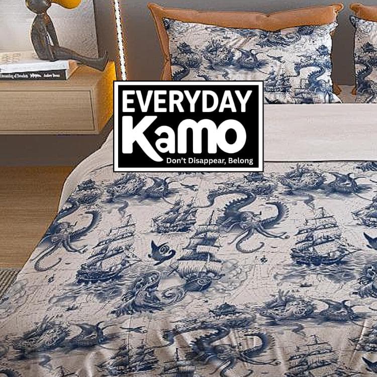 Nautical Sea Monster Duvet Cover Set - Vintage Pirate Ship & Kraken Bedding