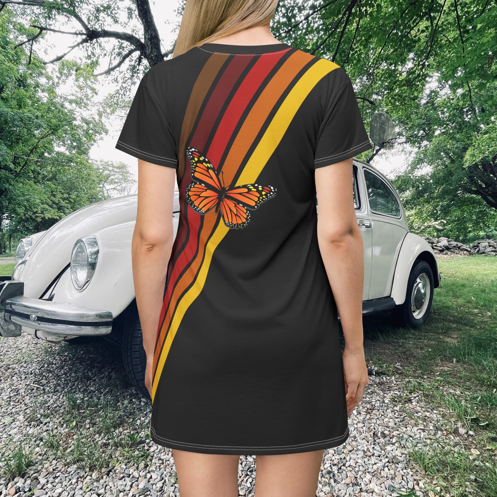 Retro Butterfly VW T-Shirt Dress | Vintage 70s Polyester | Black Graphic