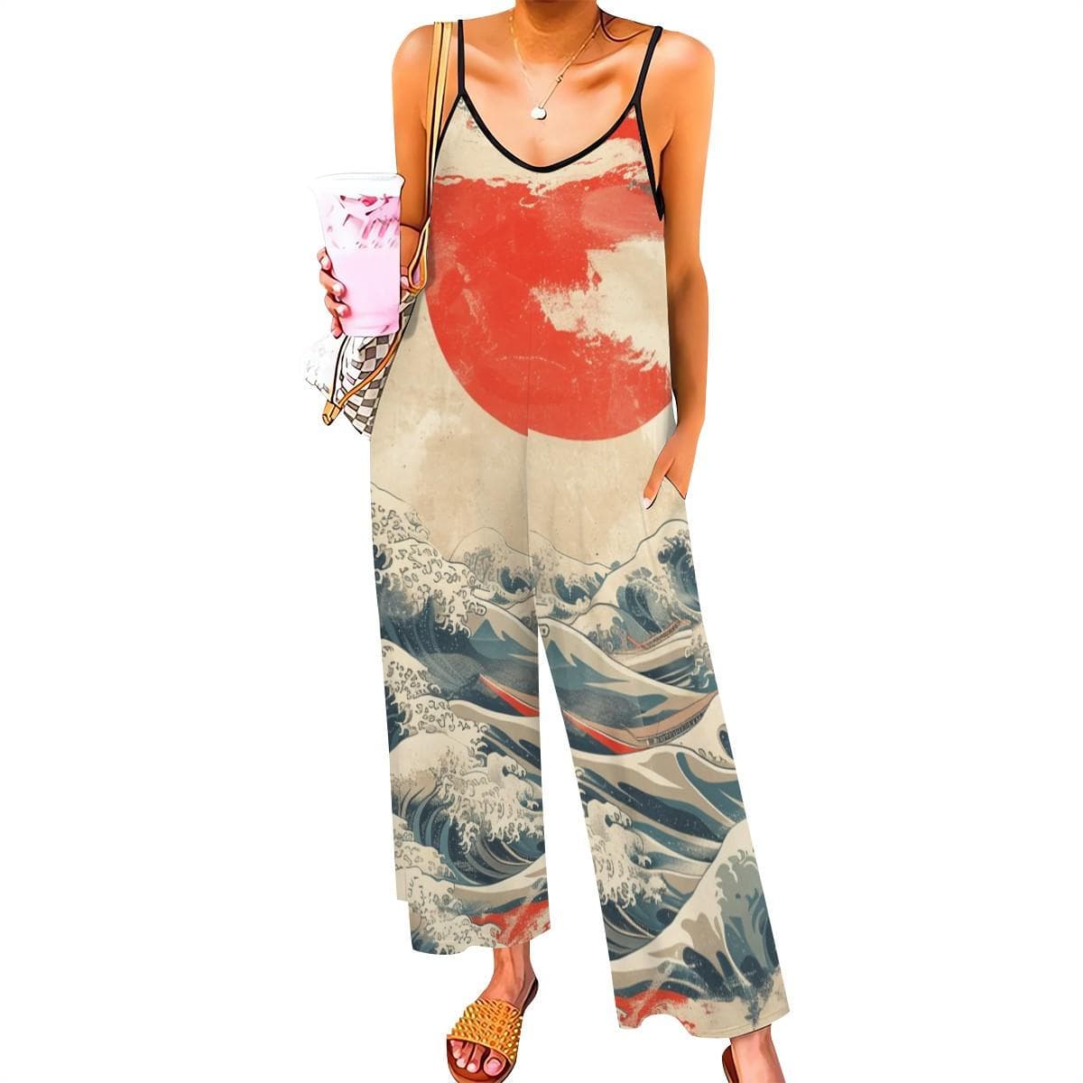 Hokusai Great Wave Jumpsuit | Polyester Spandex Wide Leg Romper