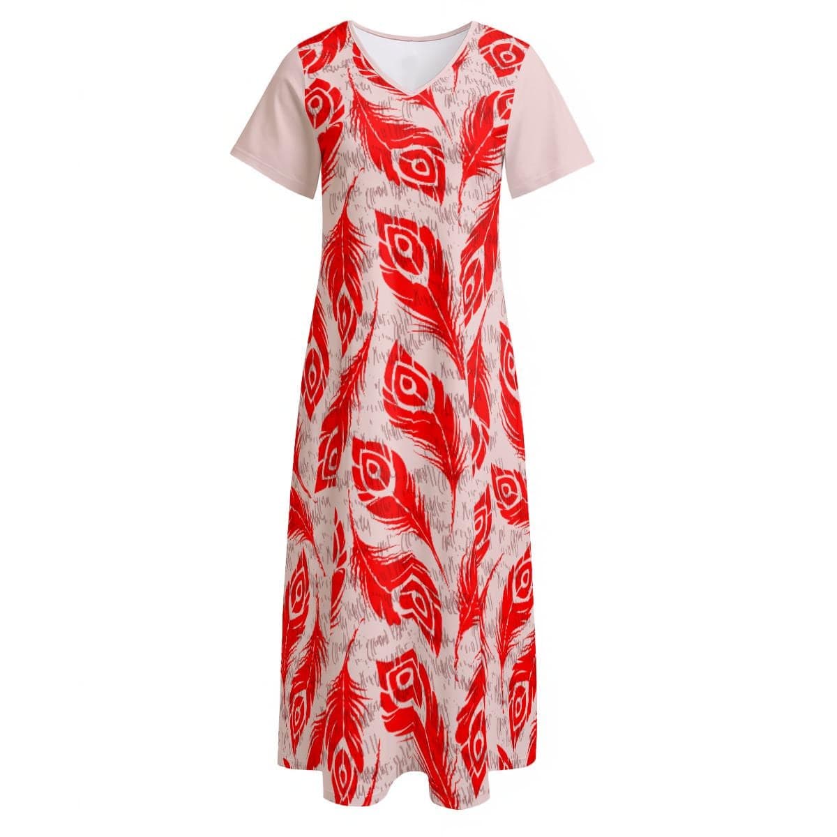 Boho Feather Print Maxi Dress | V-Neck Beach Cover Up | Soft Jersey Summer Dress with Side Slits