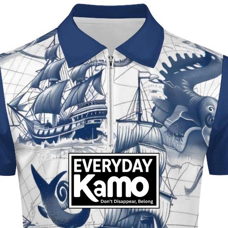 Men's Nautical Kraken Polo | Blue Ship Print Zip Shirt