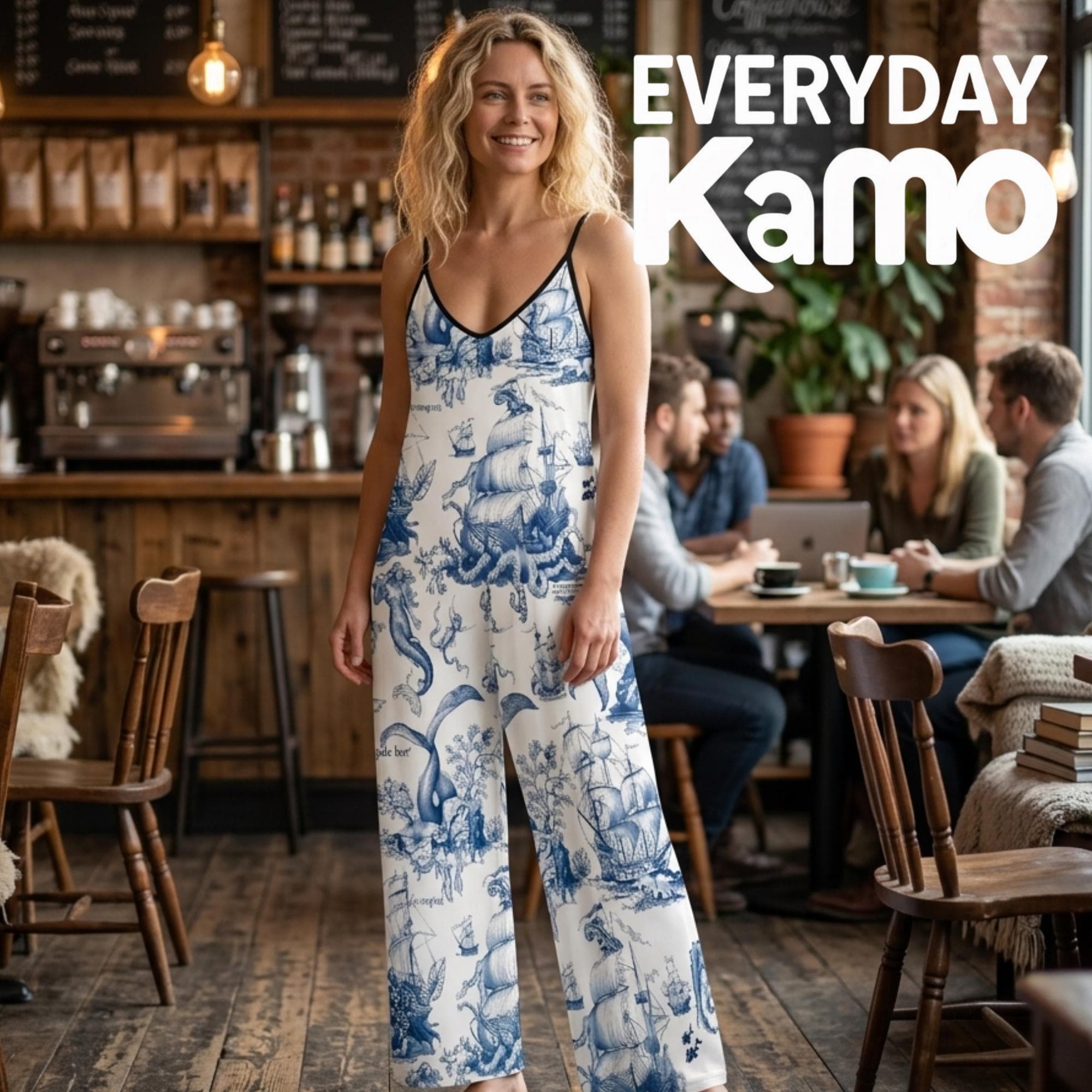 Nautical Toile Jumpsuit | Blue White Mermaid Ship Print Wide Leg Suspender Romper