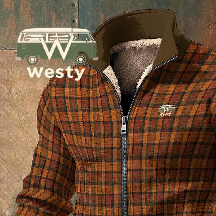 Westy Orange Plaid Fleece Zip-Up Jacket | Vintage Van Life Inspired Cozy Sweatshirt