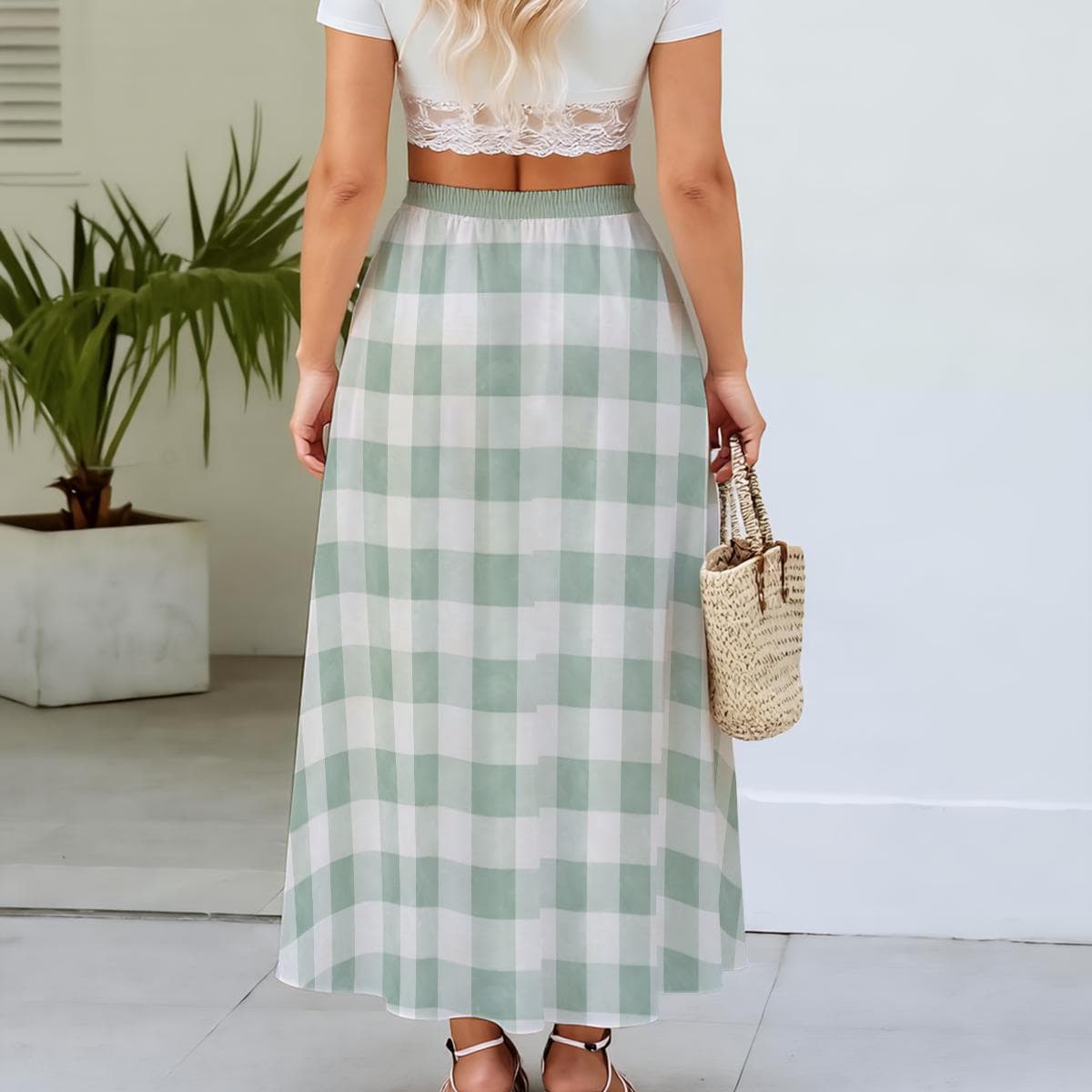 Light Green Gingham Maxi Skirt | Elastic Waist Lined Plaid Skirt