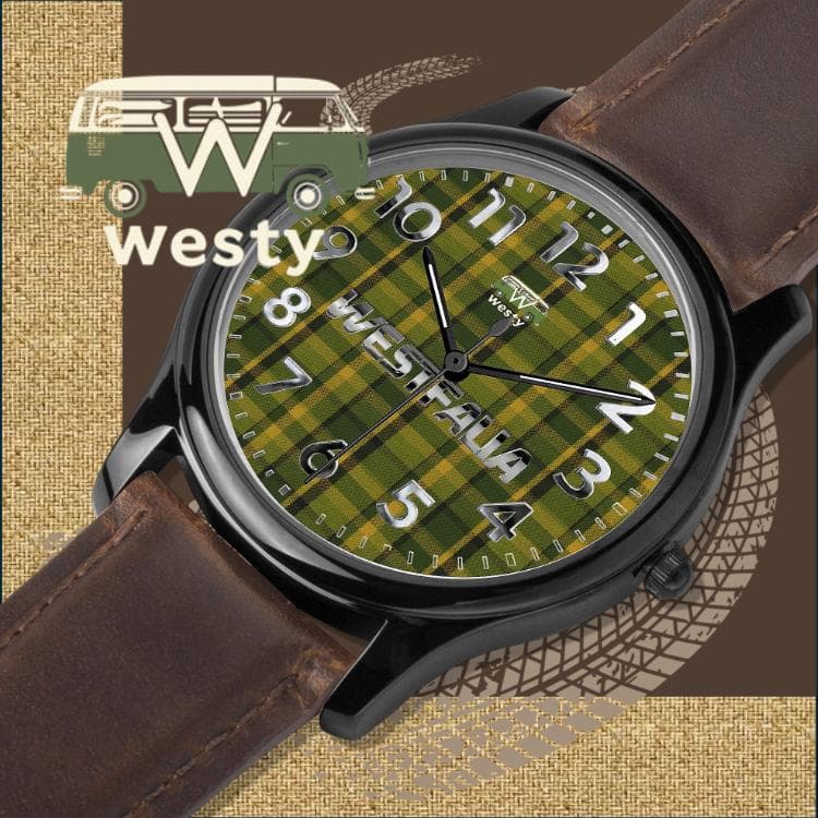Unisex Westy Westfalia Green Dial Quartz Watch - Genuine Leather Band & Premium Stainless Steel Case
