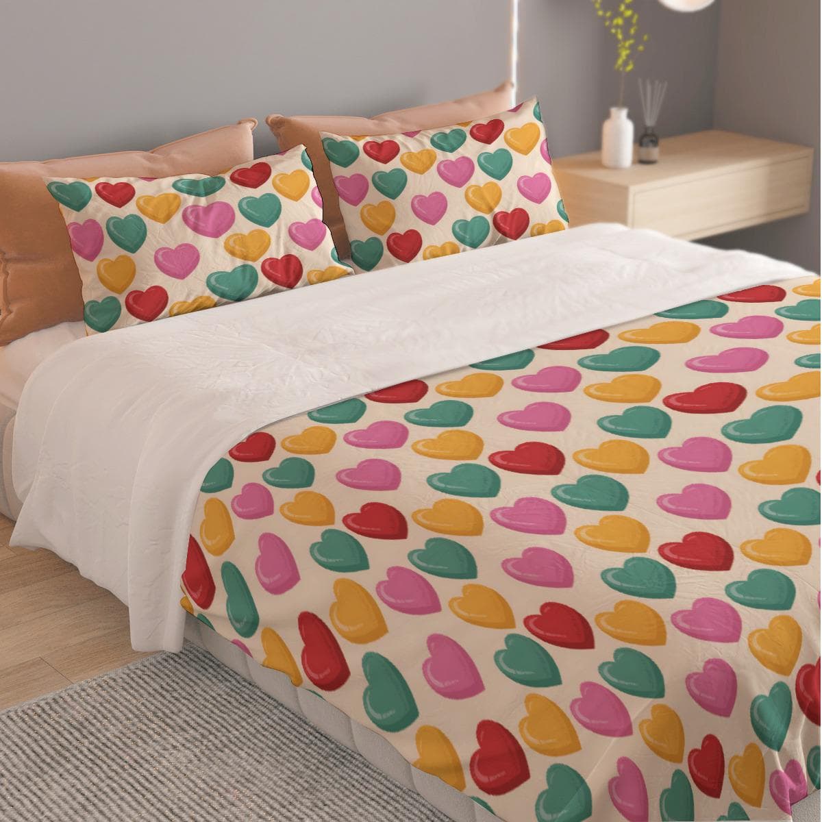 Vibrant Valentine Hearts Duvet Cover Set | Colorful Polyester Bedding | Fun & Cozy Bedroom Decor