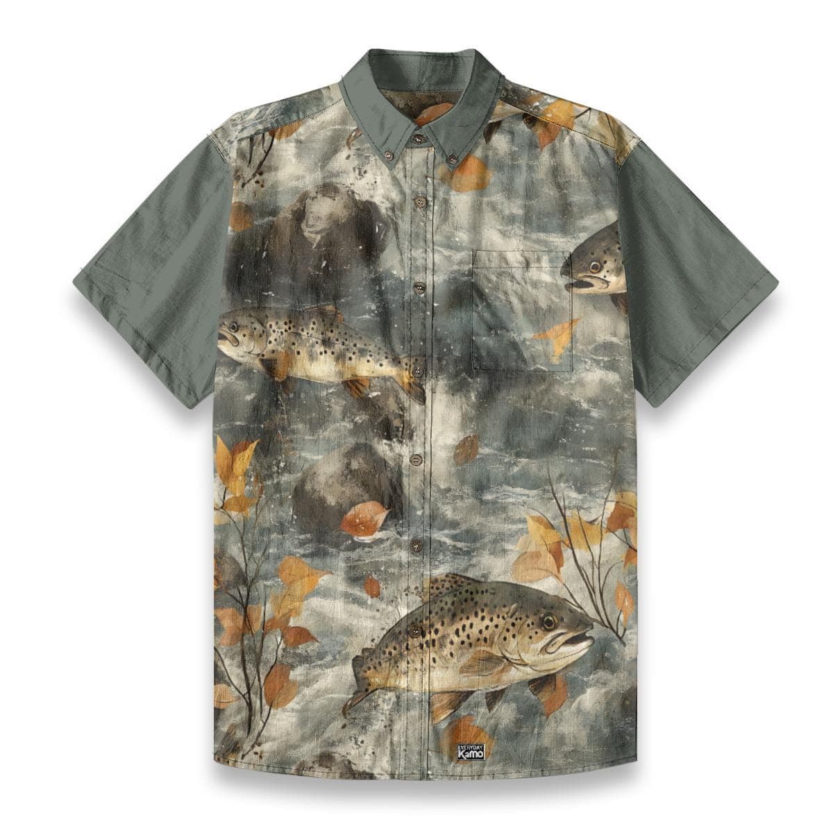 Trout River Print Cotton Shirt | Fishing Button Up, Nature Inspired