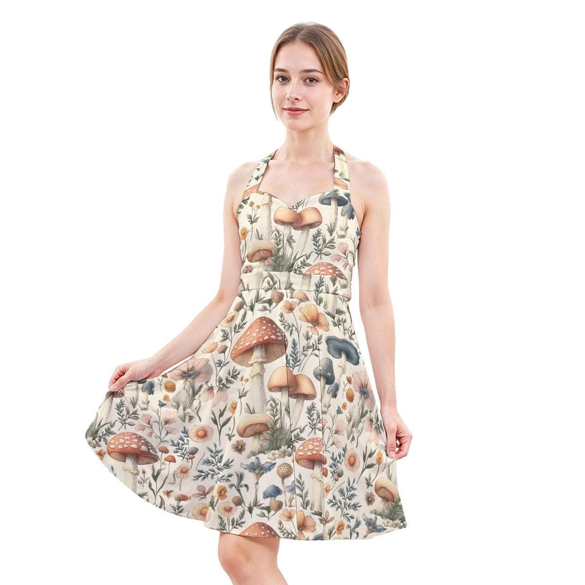 Mushroom Botanical Halter Skater Dress | Sweetheart Neckline A-Line
