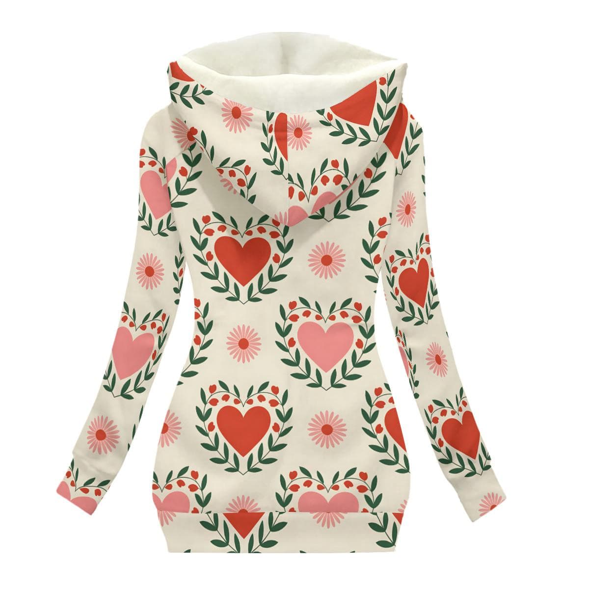 Women's Heart Floral Plush Lined Hoodie Jacket | Oblique Zip Winter Coat