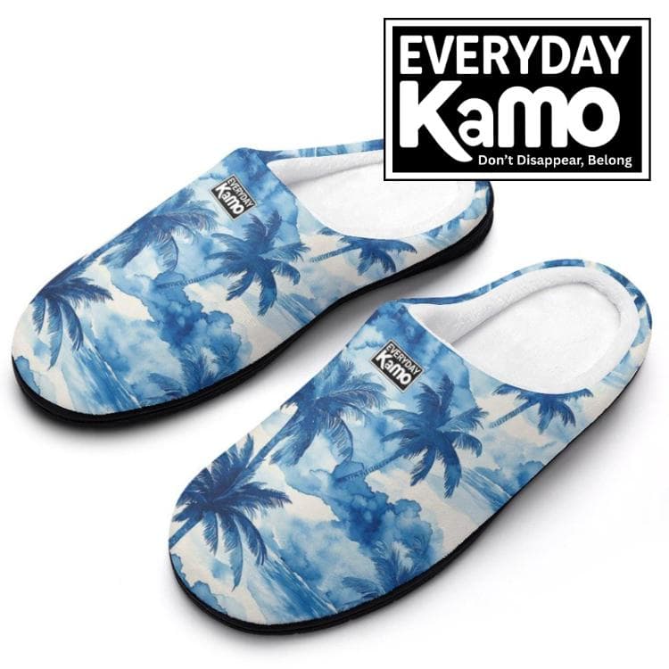 Everyday Kamo Tropical Palm Tree Slippers | Cozy Blue Watercolor Cotton House Shoes for Women