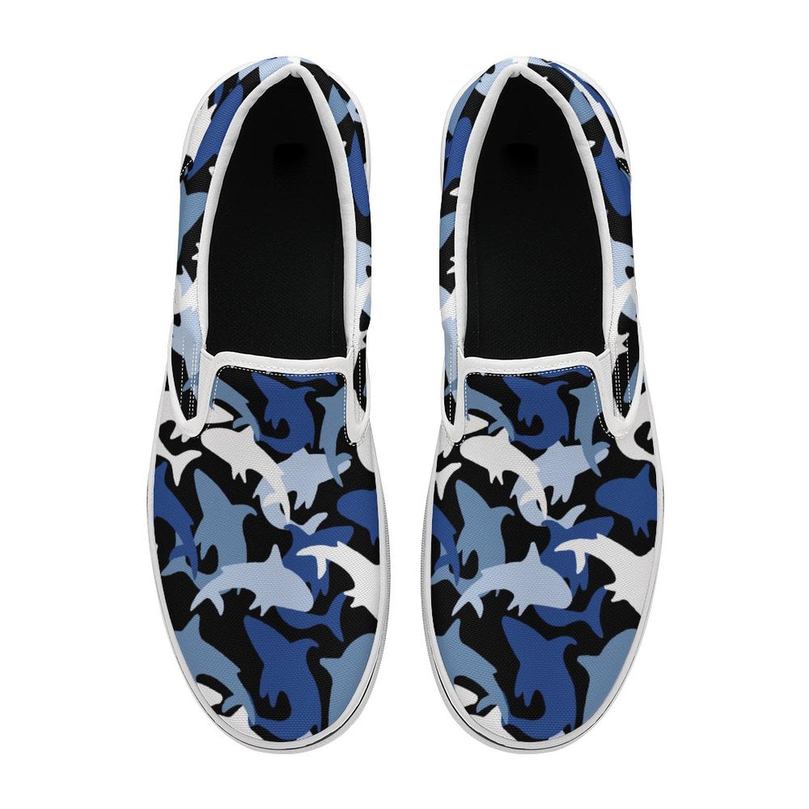 Unisex Shark Camo Slip-On Canvas Shoes - Deep Blue Ocean Wave Comfort Sneakers