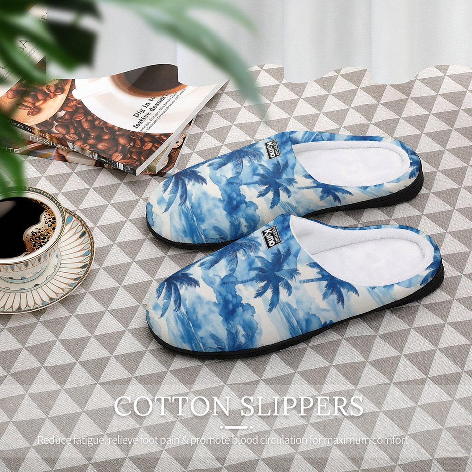 Everyday Kamo Tropical Palm Tree Slippers | Cozy Blue Watercolor Cotton House Shoes for Women