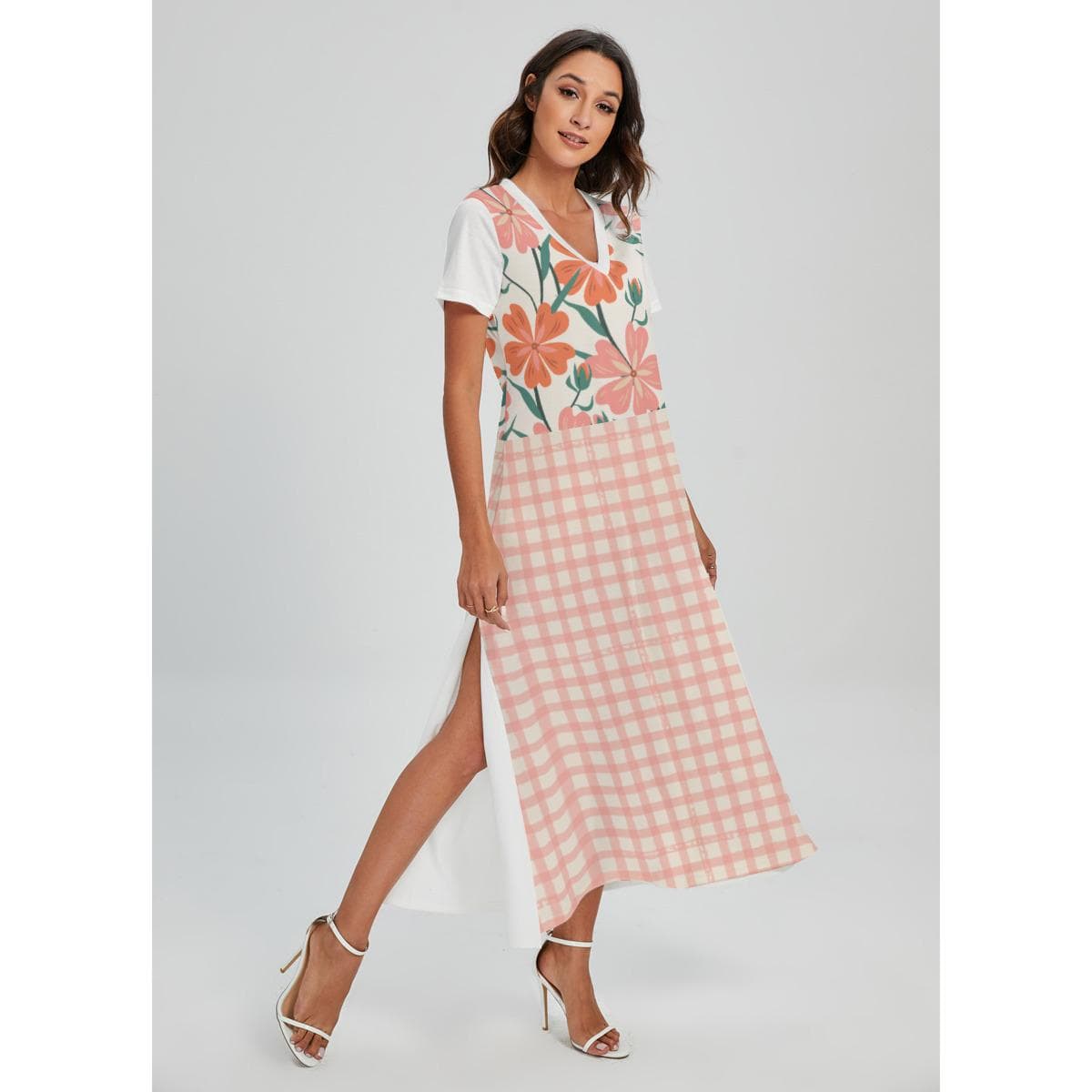 Boho Floral Gingham Maxi Dress | Comfortable V-Neck Summer Dress with Side Slits | Versatile Casual Beach Commute Dress