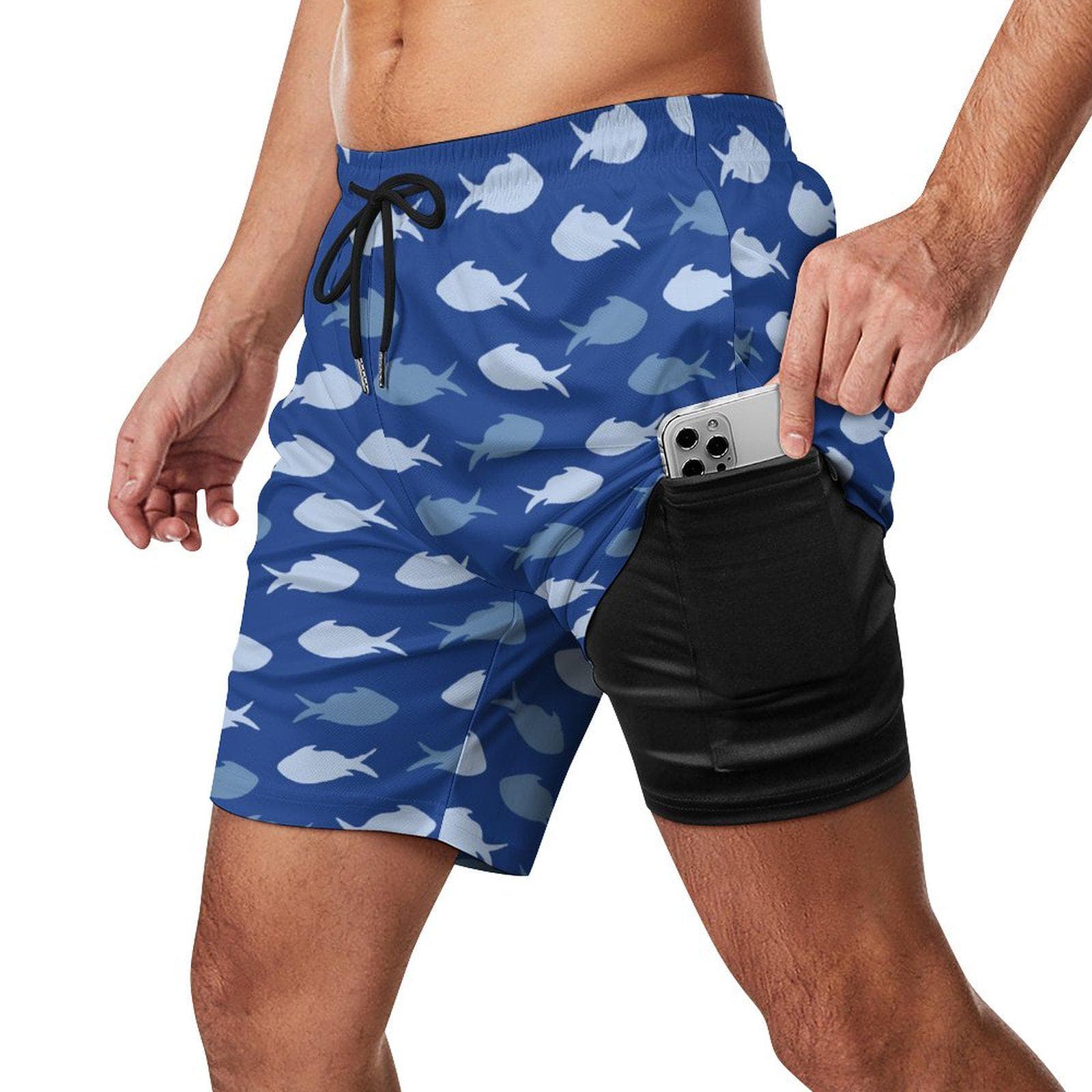 Men's Blue Fish Pattern Swim Trunks | Quick Dry Beach Shorts with 4 Pockets