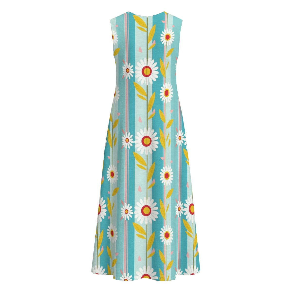 Daisy Stripe Sleeveless Midi Dress, Women's Cotton Slub A-Line Summer Dress, Floral Beach Vacation Outfit, Lightweight Flowy Casual