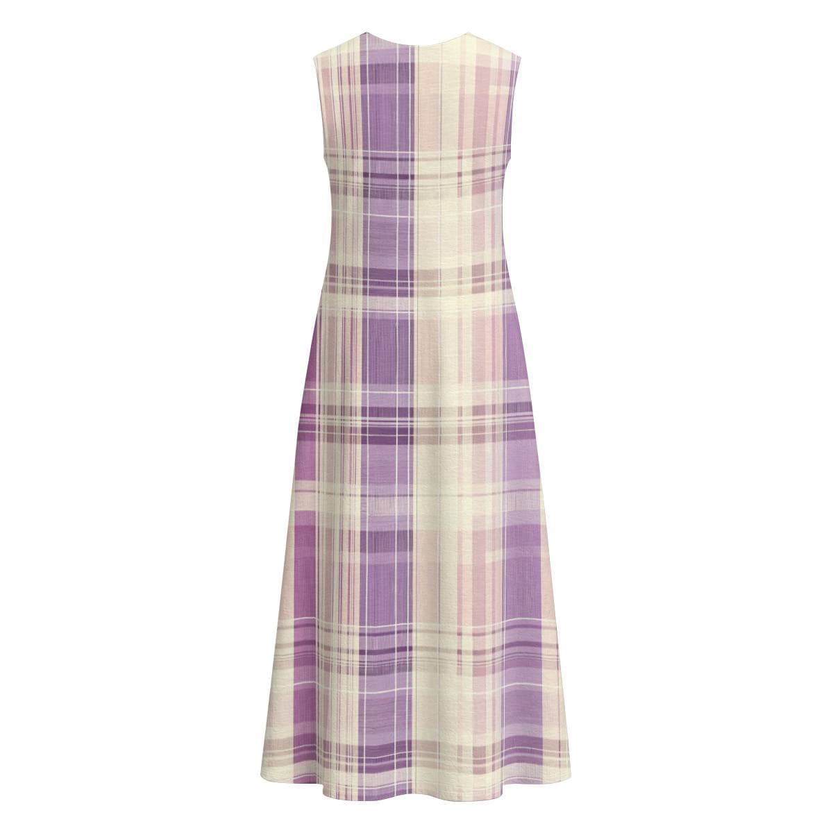Purple Plaid Sleeveless Midi Dress, Cotton Slub A-Line Summer Sundress, Lightweight Textured Casual Maxi