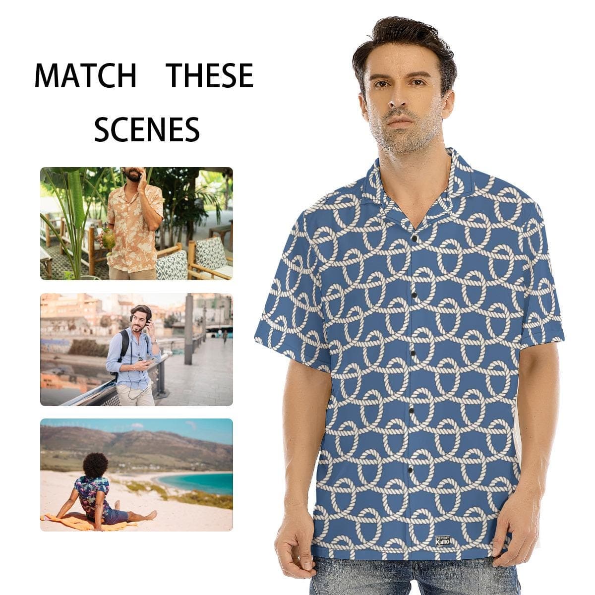Men's Nautical Rope Print Hawaiian Shirt | Blue Summer Aloha Camp Shirt | Lightweight Button-Up Vacation Top