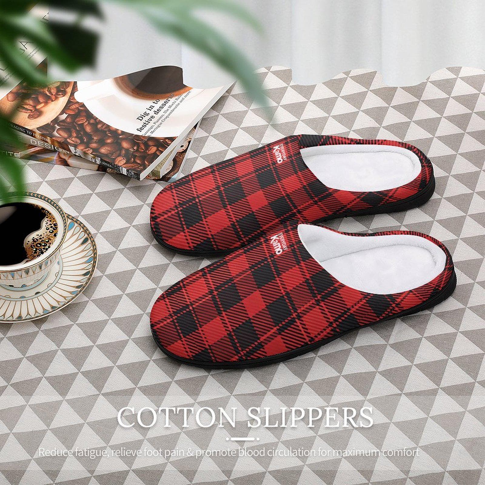 Everyday Kamo Plaid Comfort Slippers | Women's Red & Black House Shoes | Cozy Cotton Anti-Skid Home Footwear