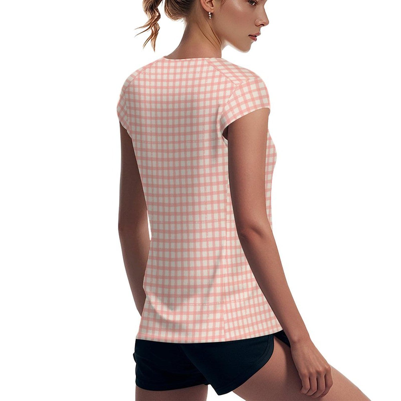 Pink Gingham Ice Silk T-Shirt | Women's UPF 50+ Sun Protection Tee | Breathable Summer Comfort Top | Casual Checkered Short Sleeve Shirt