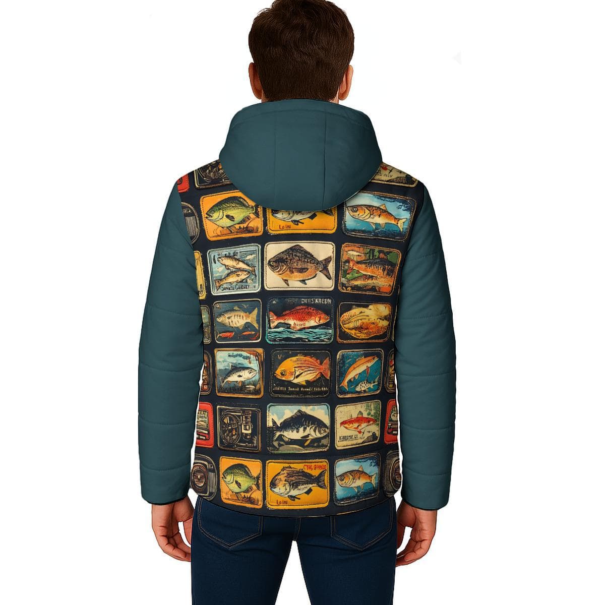 Vintage Fish Art Puffer Jacket | Hooded Fishing Enthusiast Outerwear | Unique Angler Gift