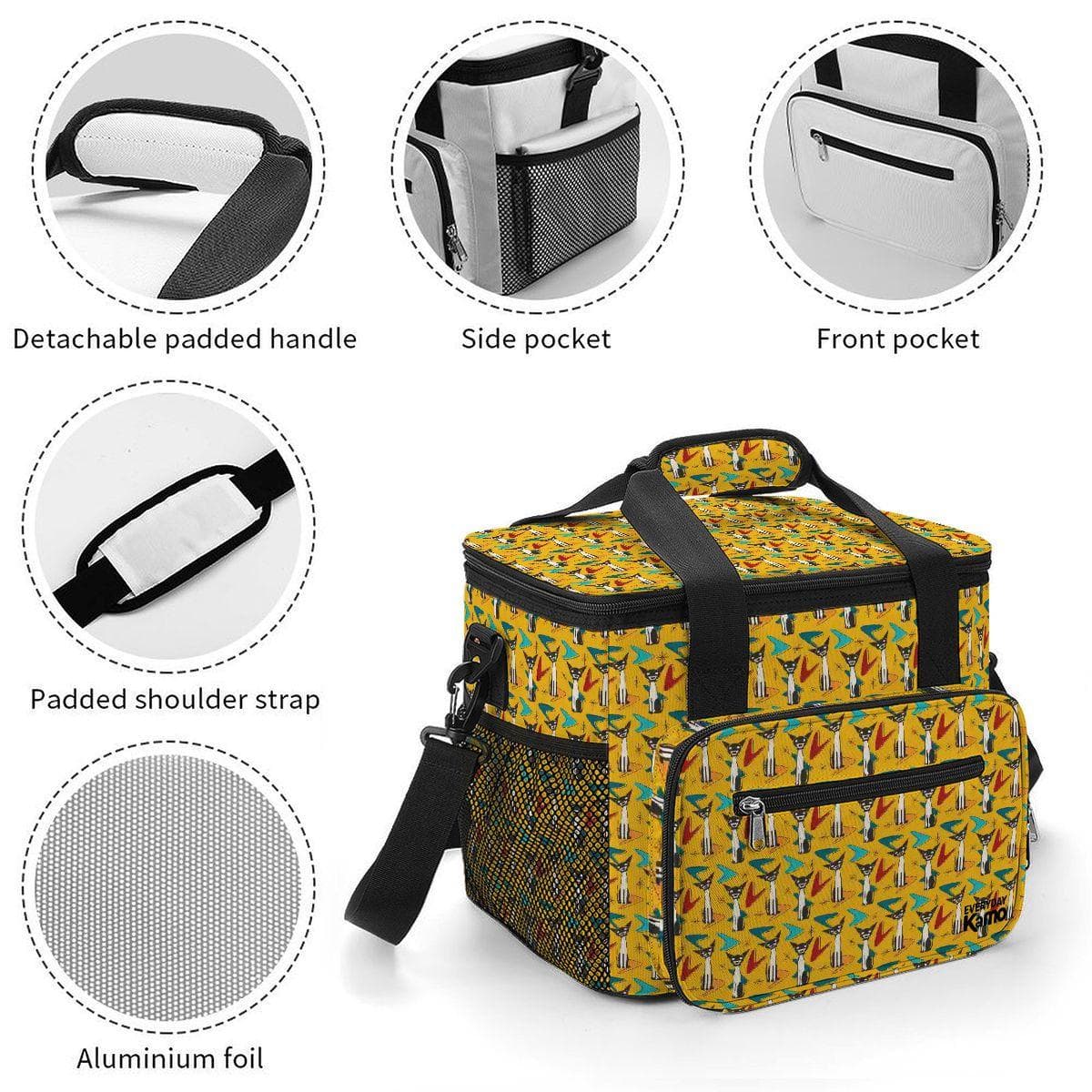 Insulated Lunch Bag Oxford Fabric Yellow Cat Geometric Print Cooler Tote