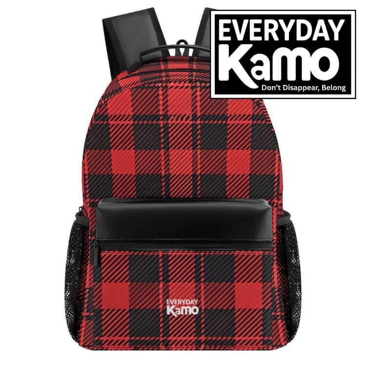 Everyday Kamo Plaid Power Backpack: Red & Black Buffalo Check Daypack with Leather Accents