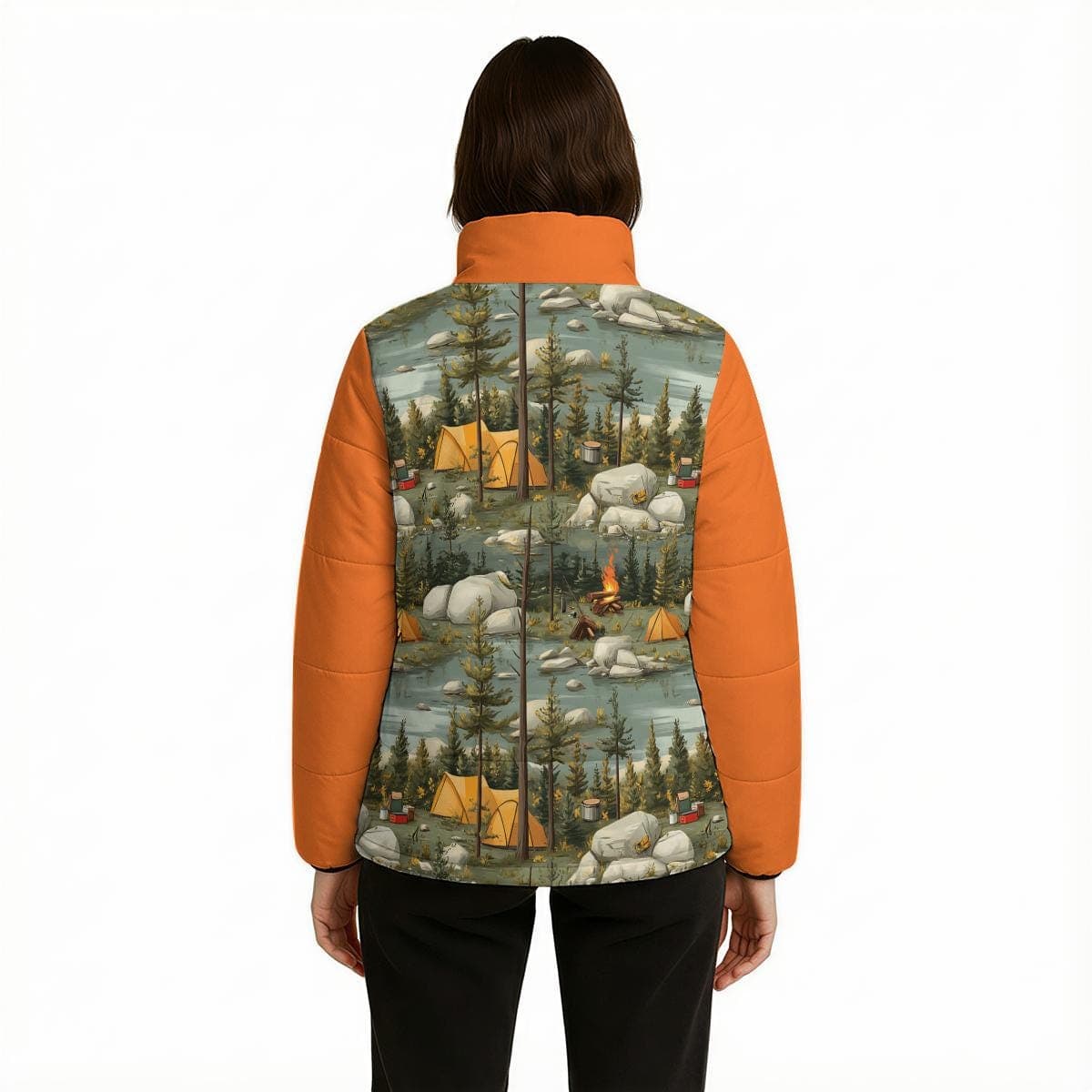 Forest Camping Puffer Jacket, Nature Scene Padded Coat, Outdoor Adventure Gear, Whimsical Campfire Print