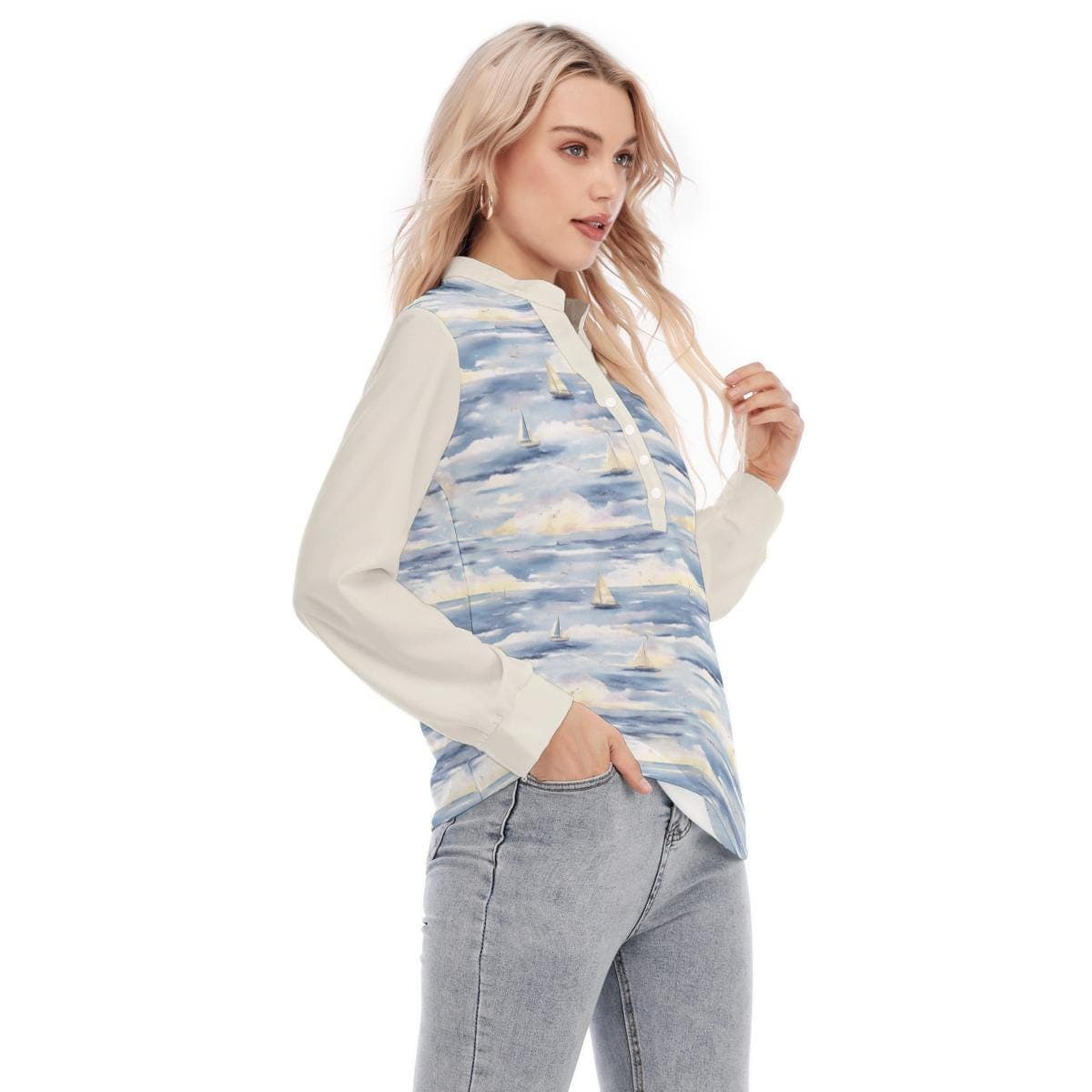 Sailboat Print Henley Top | Nautical Long Sleeve Blouse
