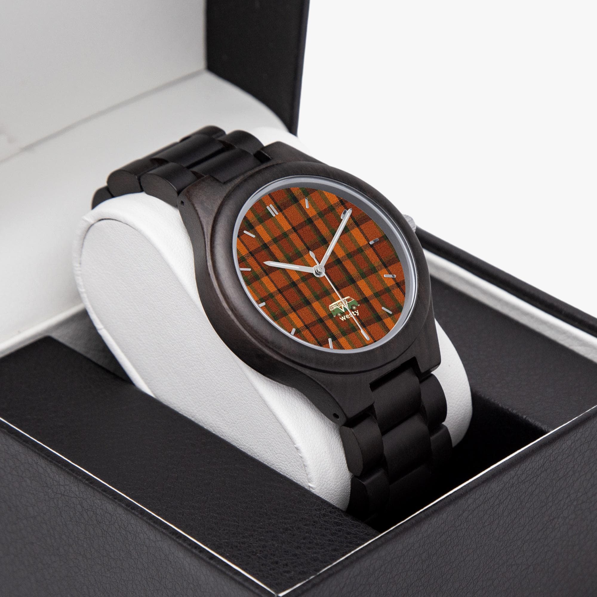 Westy Orange Plaid Wooden Watch | Italian Olive Wood | Van Life Heritage Timepiece | Japanese Citizen Movement | Road Trip Gift