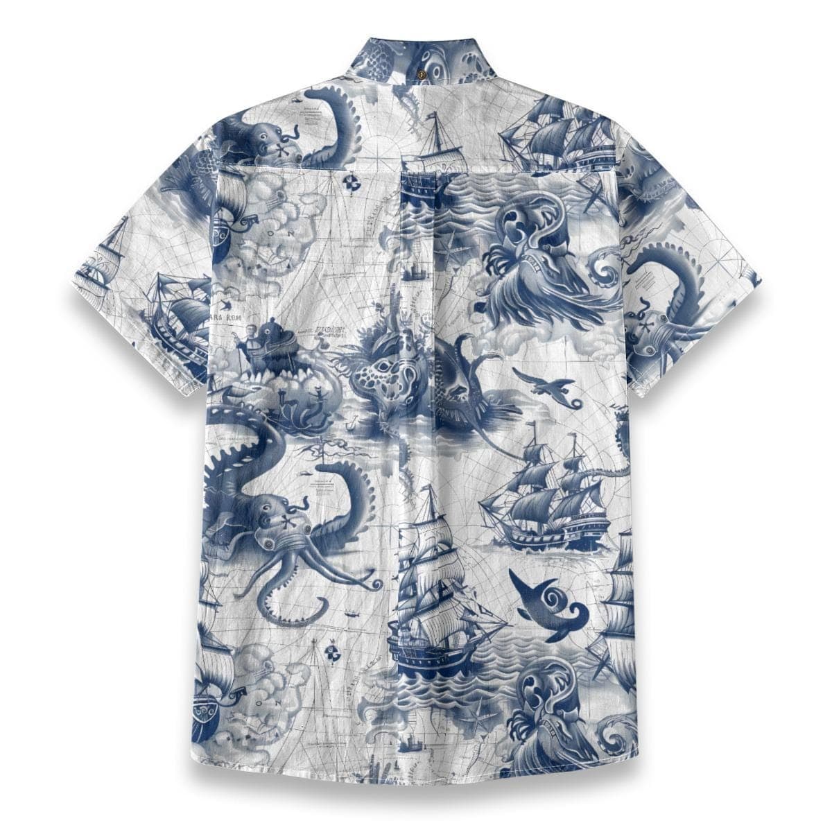 Kraken & Sea Monster Map Hawaiian Shirt | Vintage Nautical Pirate Cotton Button-Up for Men