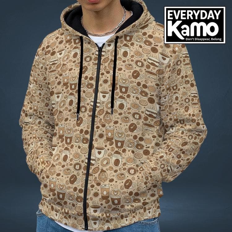 Cozy Coffee & Donut Full Zip Hoodie | Fur Lined Anti-Pill Fleece Jacket | Unique Food Pattern Hooded Sweatshirt