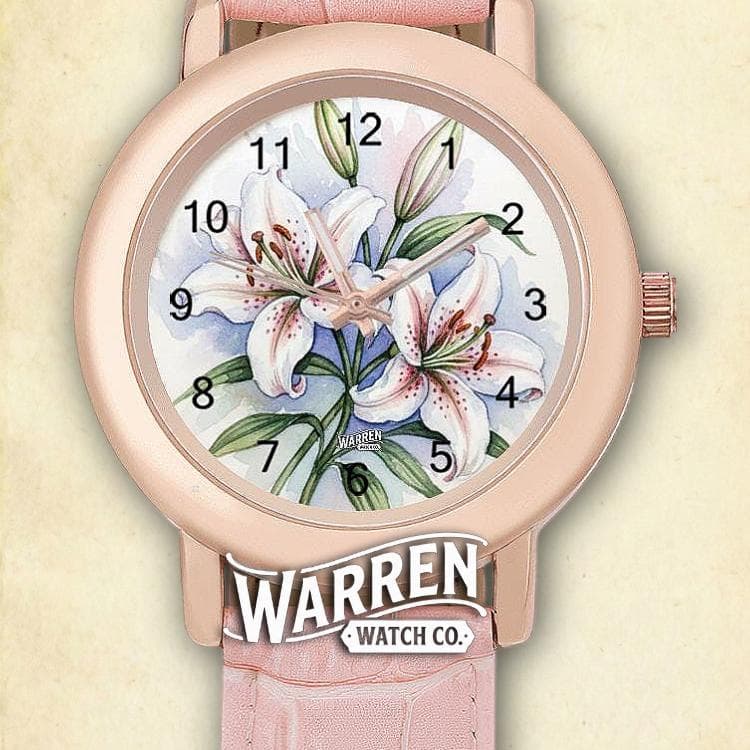 Warren Watch Co. Pink Lily Floral Watch | Alloy Case & Leather Strap