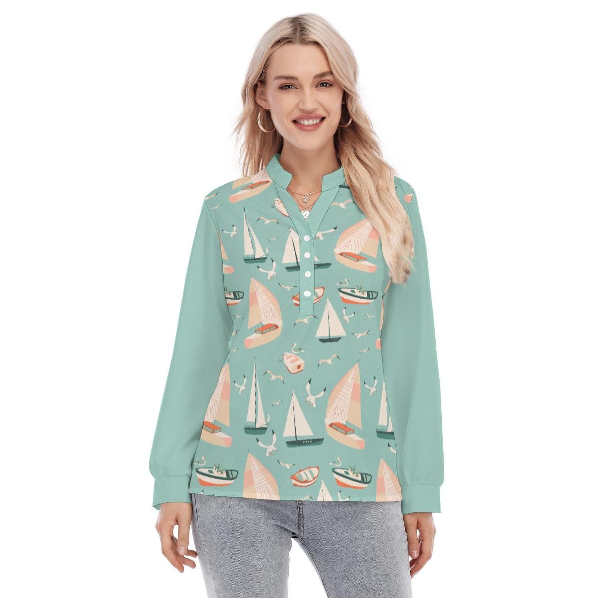 Coastal Sailboat Print Blouse | Women's Nautical Long Sleeve Button-Up Shirt | Summer Ocean Theme Top