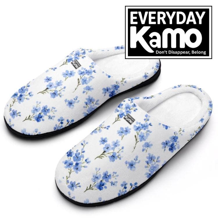 Everyday Kamo Blue Blossom Cotton Slippers - Cozy Floral House Shoes with Anti-Skid Sole, Perfect Gift for Her
