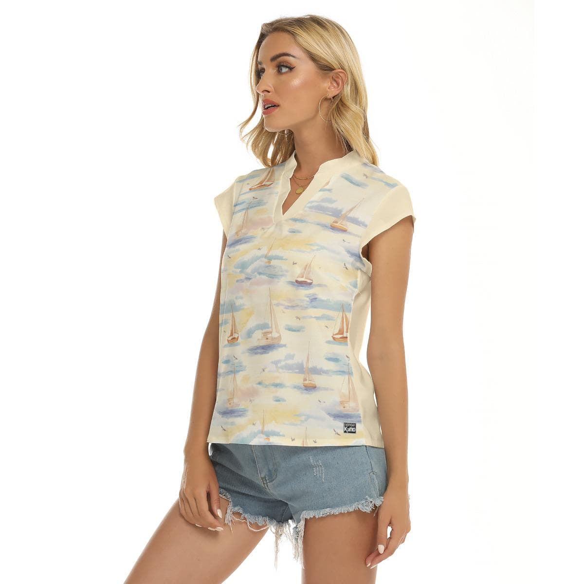 Coastal Sailboat V-Neck Top, Women's Short Sleeve Nautical Print Blouse, Summer Casual Shirt