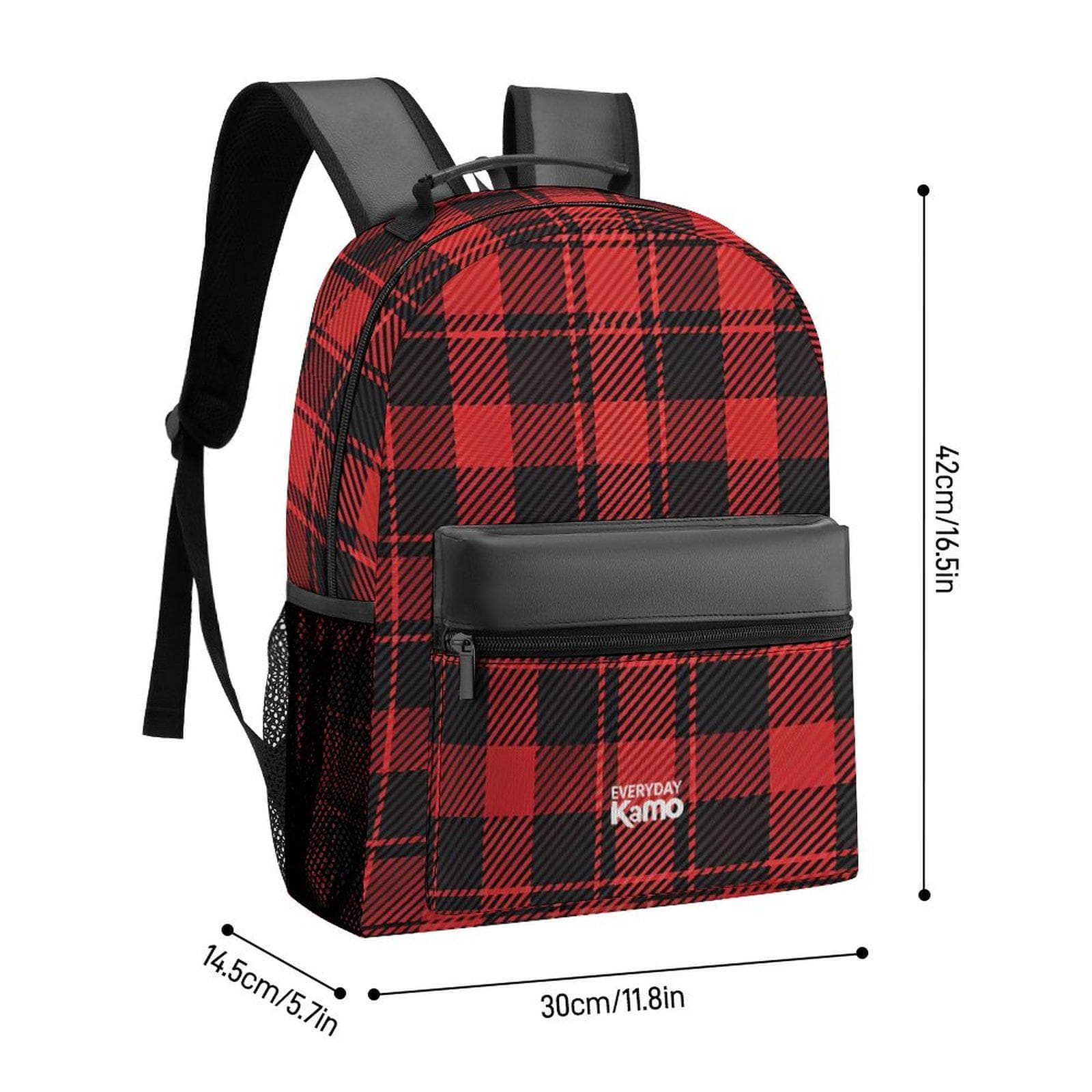 Everyday Kamo Plaid Power Backpack: Red & Black Buffalo Check Daypack with Leather Accents
