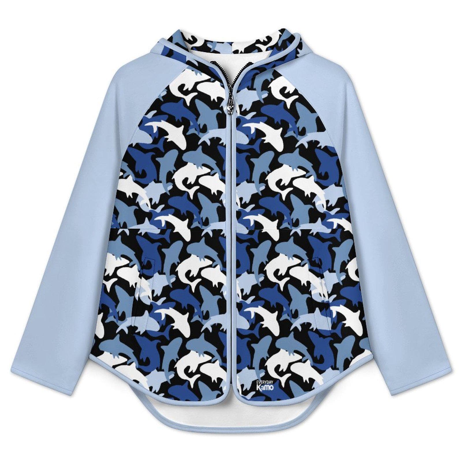 Shark Camo Full-Zip Fleece Jacket | Blue Ocean Pattern Hooded Slim Fit Warm Hoodie