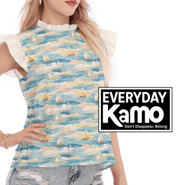 Elegant Sailboat Ruffle Blouse | Nautical Print Summer Top | Charming Ruffle Collar & Sleeve Shirt