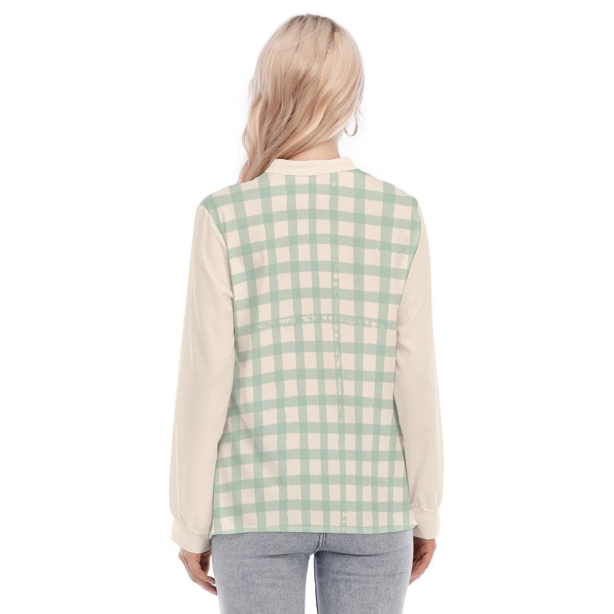 Mint Green Gingham Blouse, Long Sleeve Henley Shirt