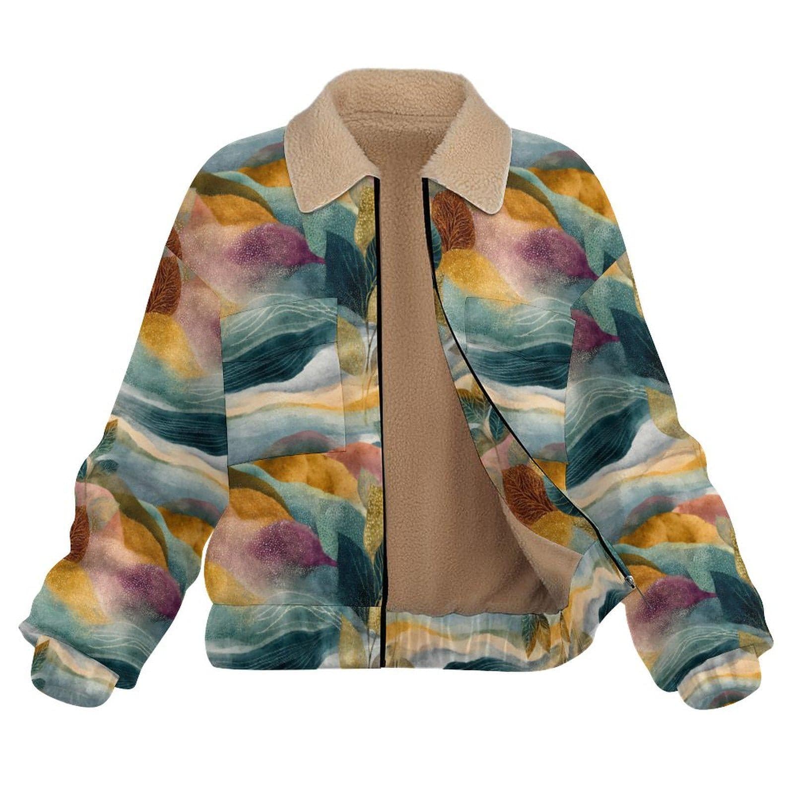 Artistic Abstract Fleece Jacket | Colorful Sherpa Collar Bomber | Unique Botanical Print Women's Coat