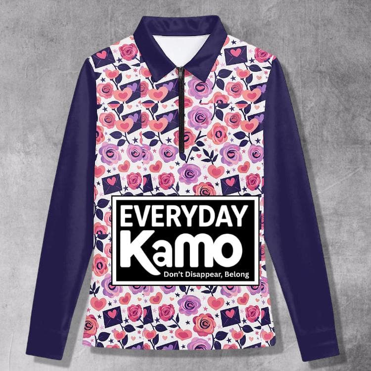Everyday Kamo | Floral Heart Quarter-Zip Long Sleeve Polo | Women's Active & Casual Stretch Top