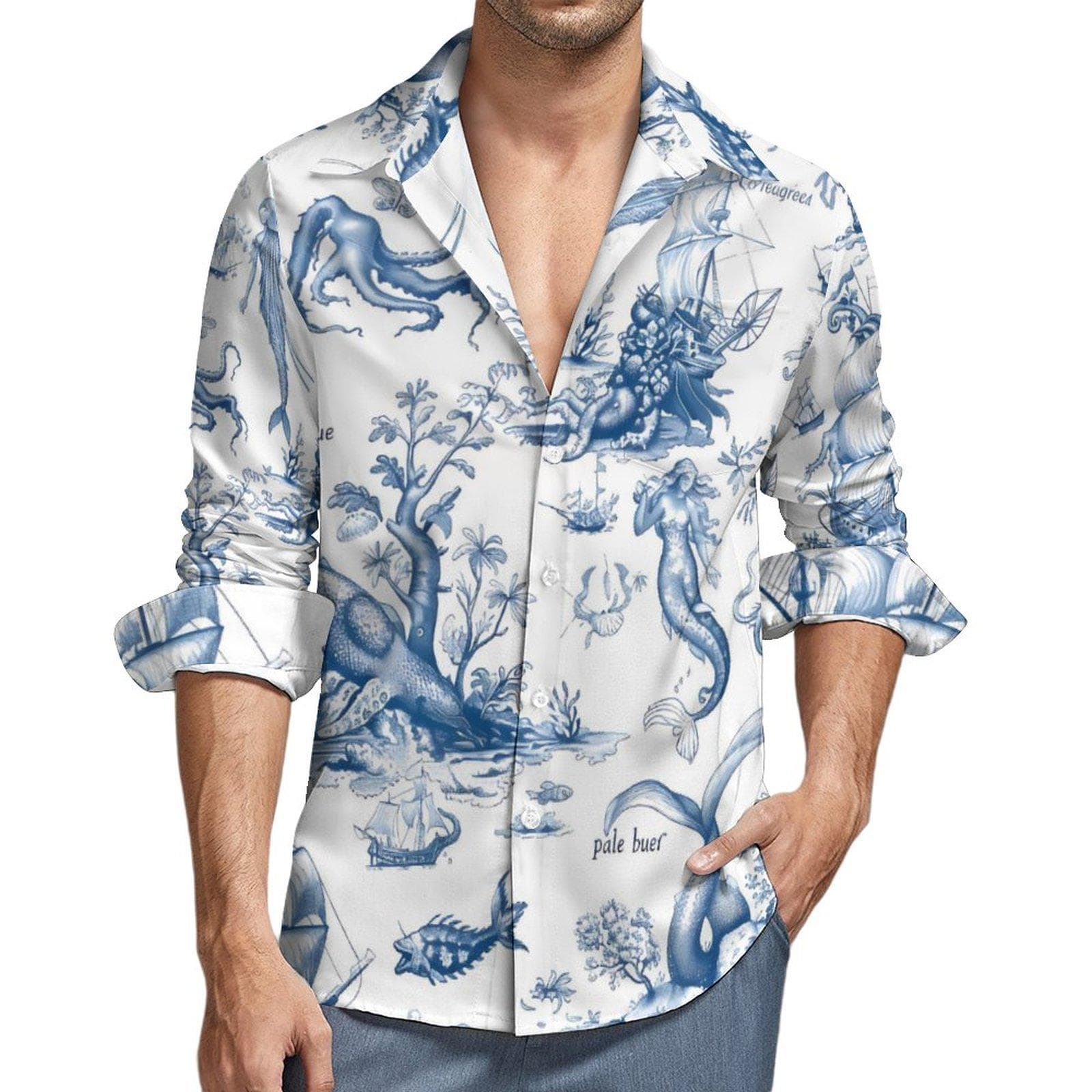 Men's Vintage Ocean Toile Long-Sleeve Shirt | Nautical Mythology Print V-Neck Button Up | Mermaids & Octopus Casual Top