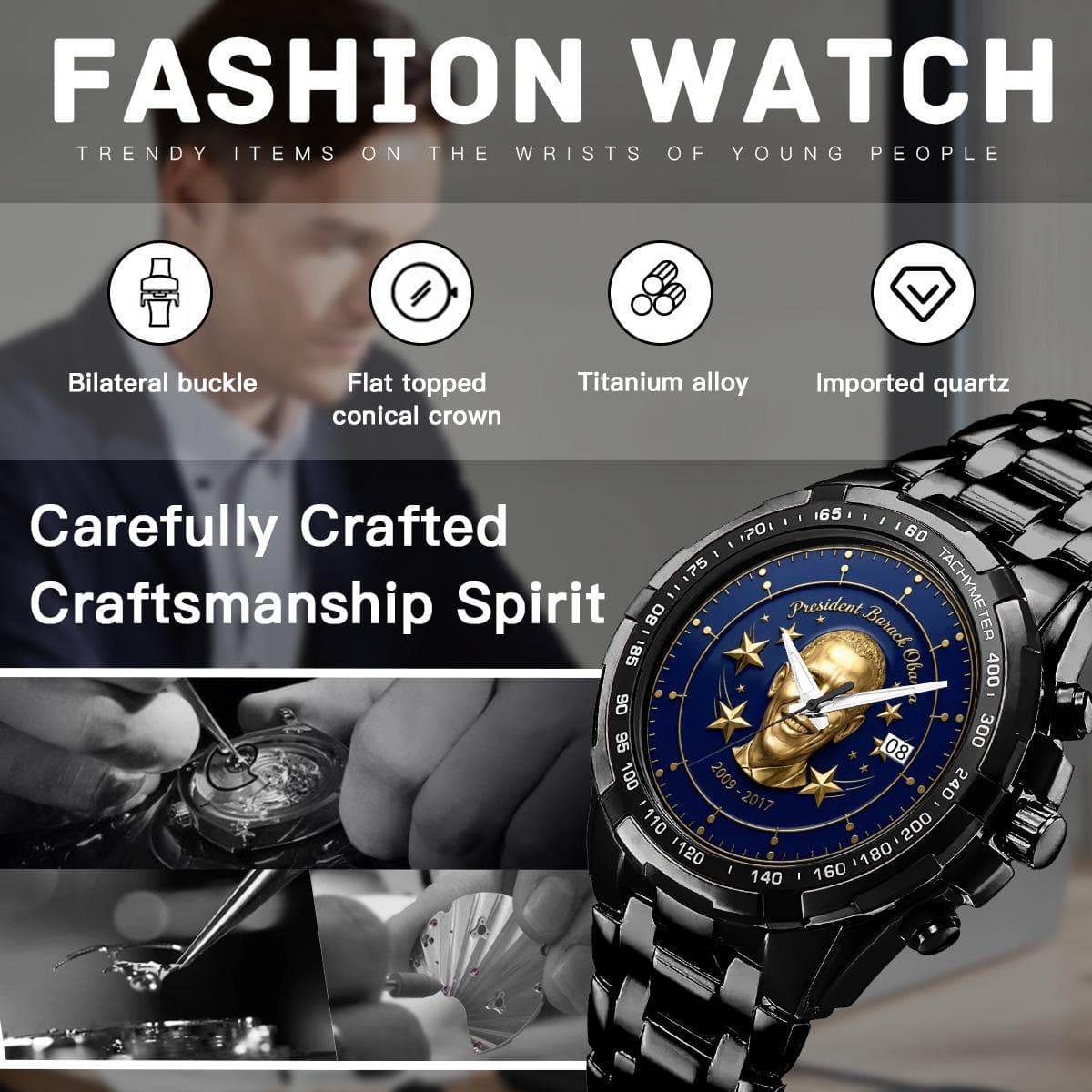Barack Obama Presidential Commemorative Watch - Gold Portrait & Stars Design