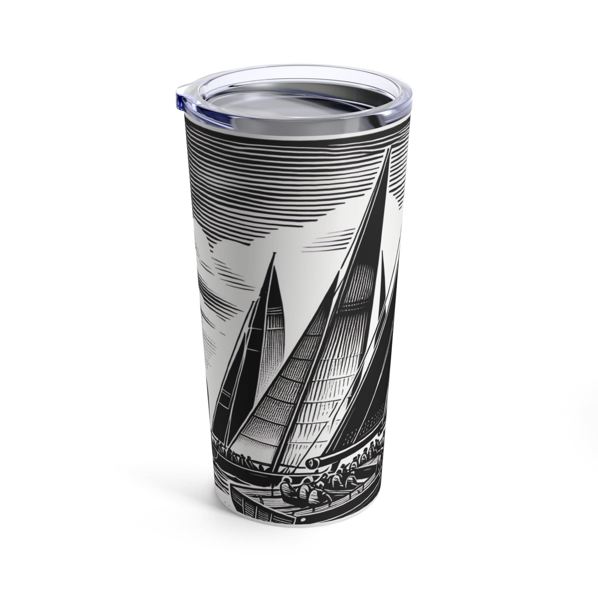 Sailboat Woodcut Tumbler 20oz | Black White Racing Design Stainless Steel
