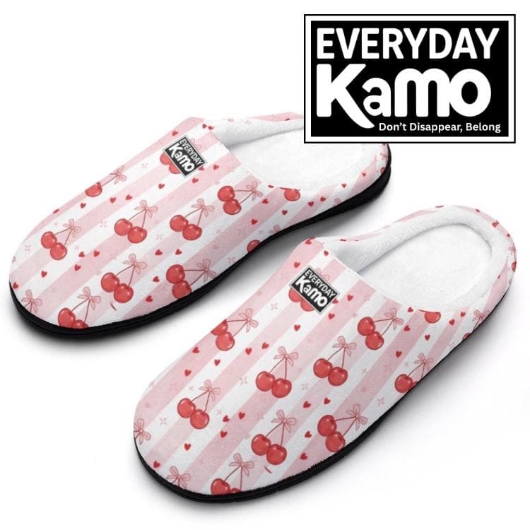 Sweet Cherry Stripe Women's Cotton Slippers | Cozy Indoor House Shoes | Pink & Red Comfort Slides