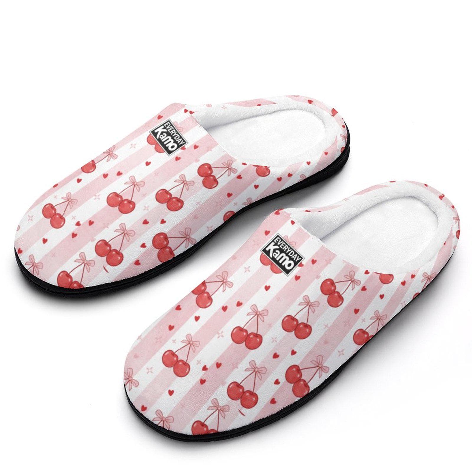 Sweet Cherry Stripe Women's Cotton Slippers | Cozy Indoor House Shoes | Pink & Red Comfort Slides