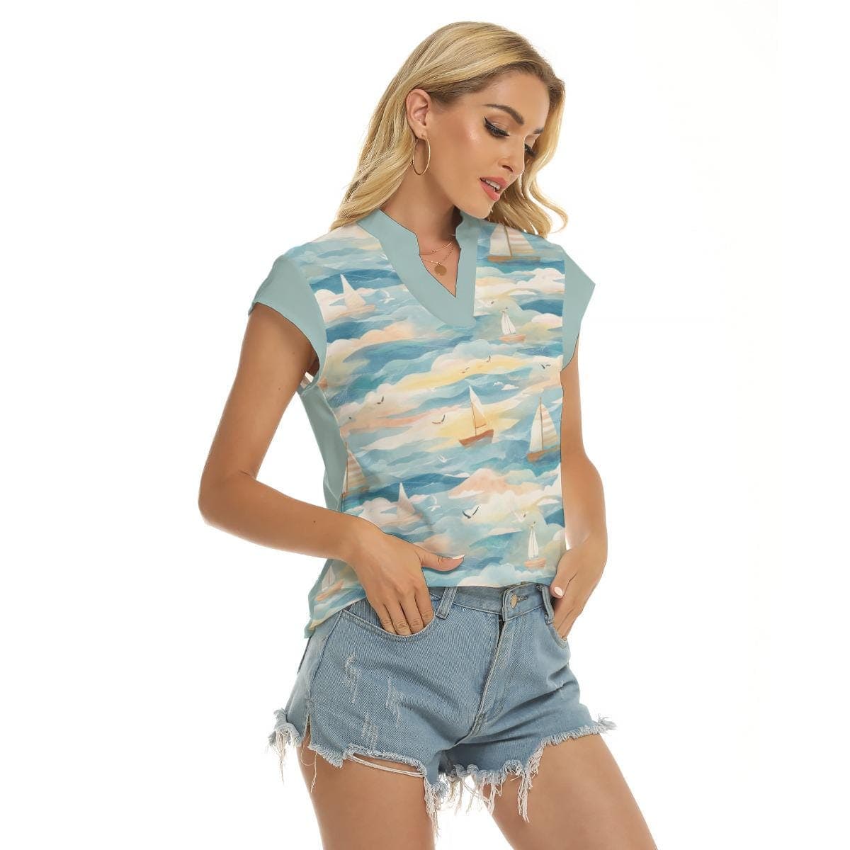 Nautical Sailboat Print V-Neck Top | Women's Stretch Blouse