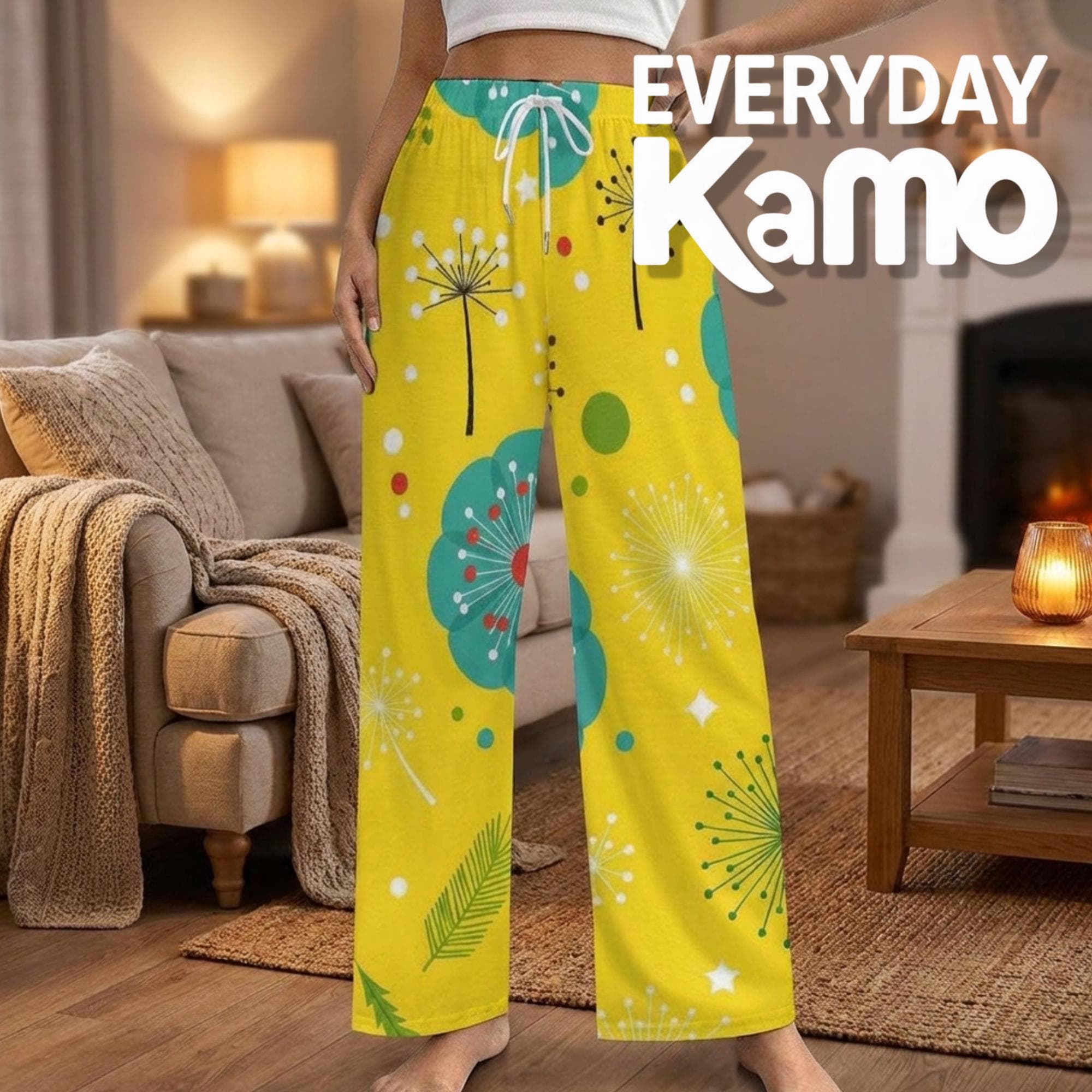 Yellow Dandelion Cotton Pajama Pants for Women, Floral Lounge Sleep Bottoms, Soft PJs, Wide Leg, DTG Printed Gift