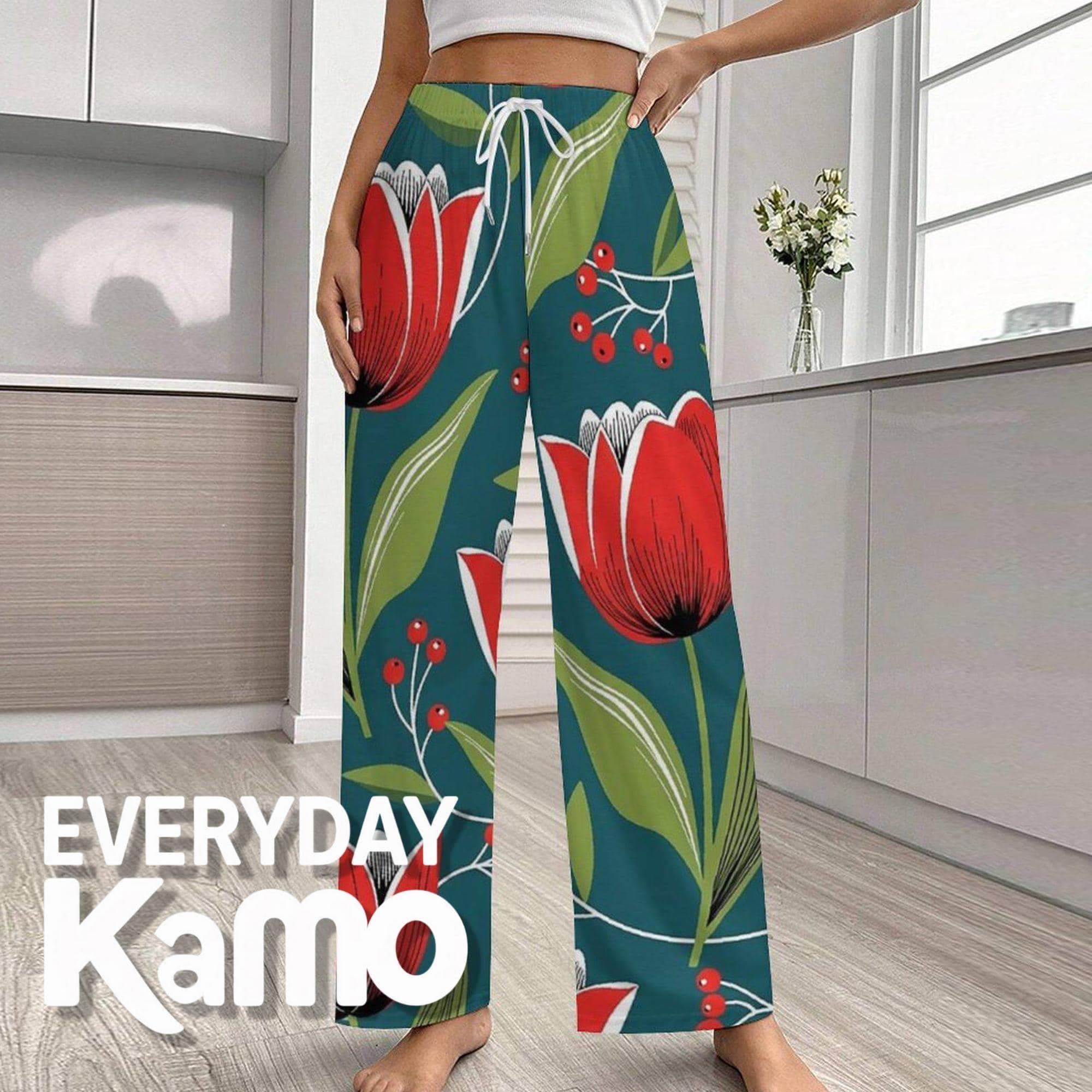 Vibrant Red Tulip Cotton Pajama Pants for Women | Soft Floral Wide Leg Lounge Wear | Breathable Sleep PJs | Cozy Gift